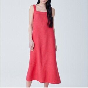 Eileen Fisher Organic Linen Square Neck Midi Dress S/P Grenadine Pink RGI $238